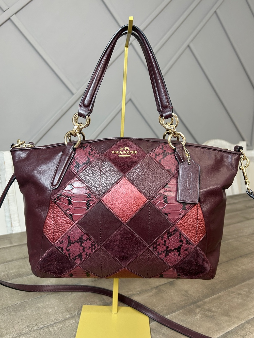 Coach Kelsey Patchwork Leather Satchel Crossbody Bag Burgundy F56848